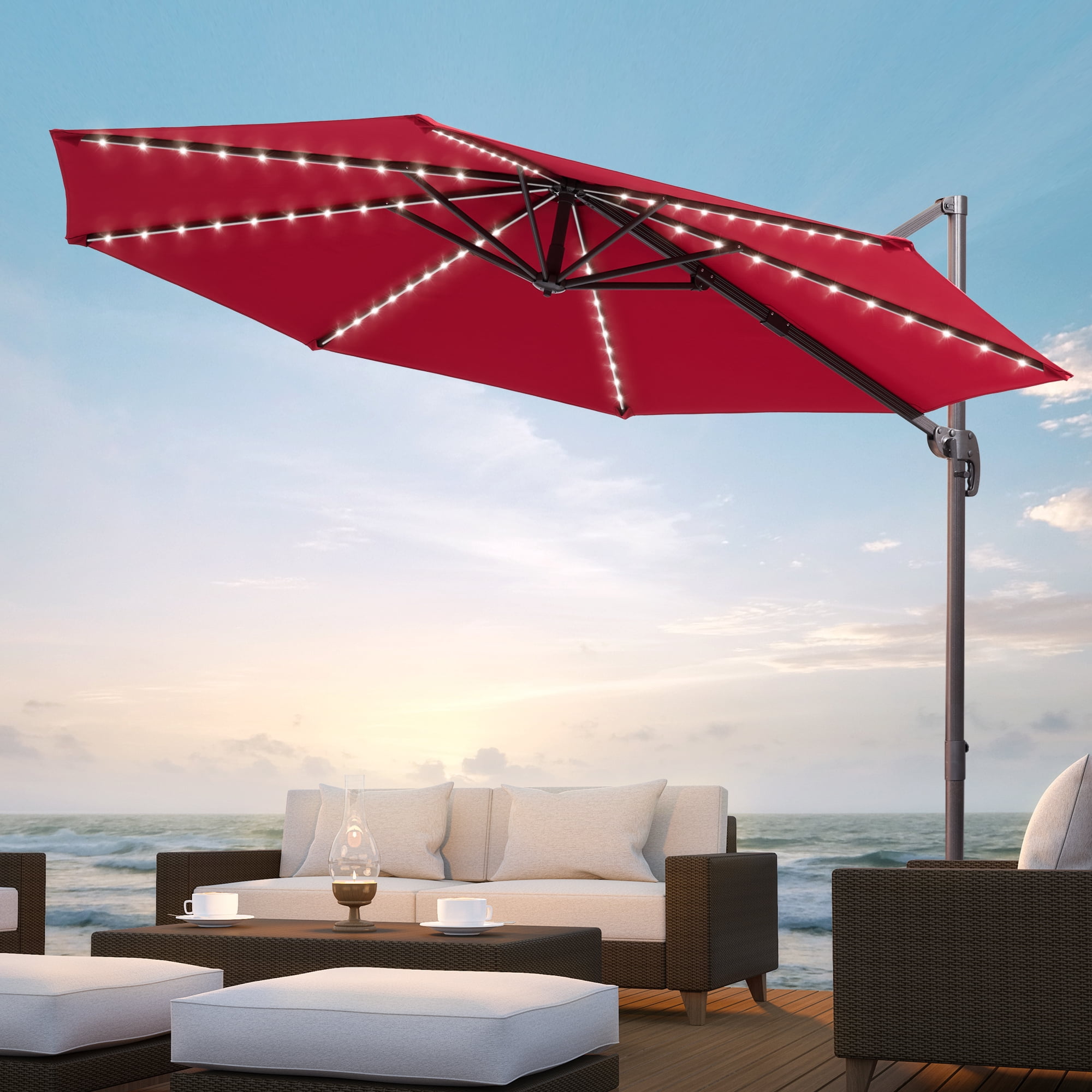 led patio umbrella lowes INKEER Dual-Power Light-Rechargeable & Battery Operated Umbrella Lights,3 Lighting Modes Cordless,Umbrella Pole Light for Patio Umbrellas Camping(4 AA Batteries Not Included) The built JOYESERY 6 ft. x 9