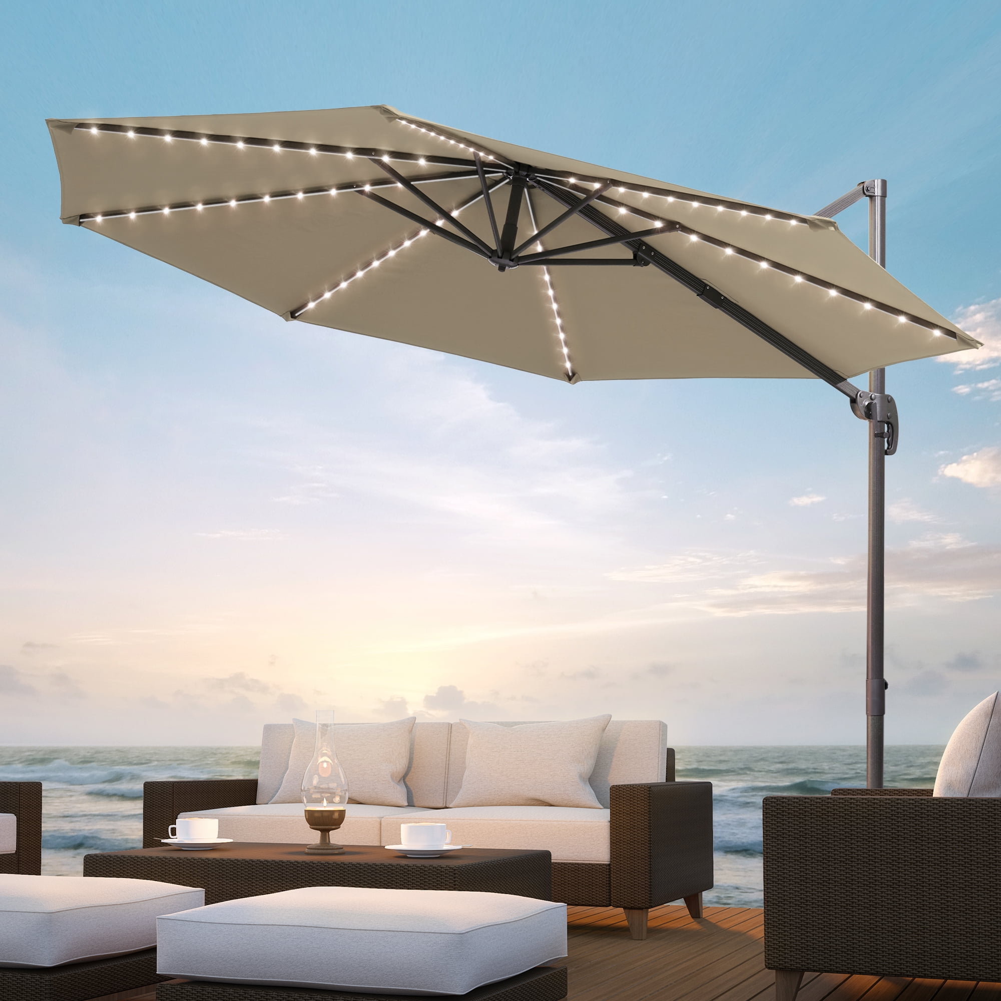 flame&shade 10 patio umbrella 6.5 x ft Rectangular Solar Powered Outdoor Market Table with LED Lights and Tilt, Sky Beige : Patio, Lawn & Garden FIM Flexy Aluminum 10' x