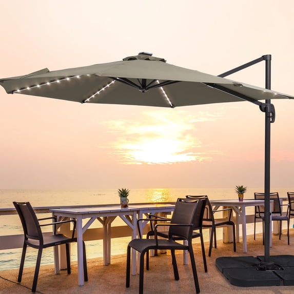 FLAME&SHADE 10ft 360-Degree Solar LED Cantilever Patio Umbrella, Outdoor Hanging Shade w/ Lights - Taupe