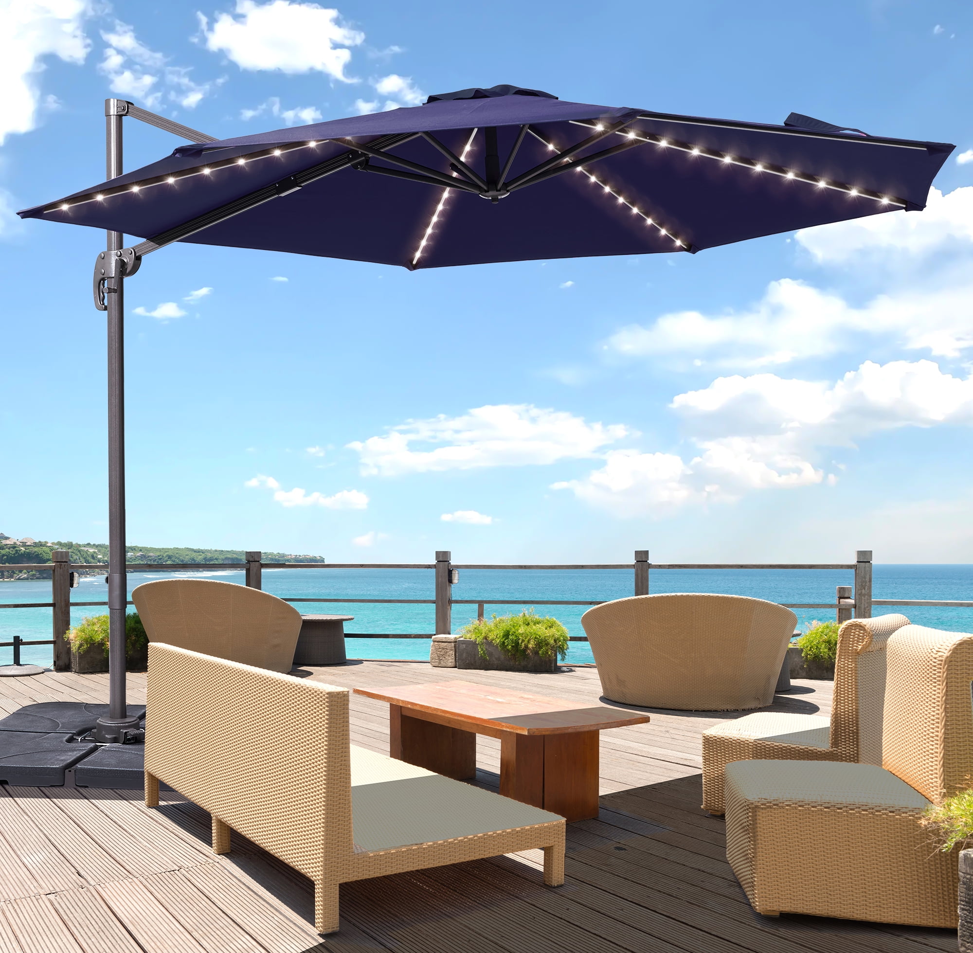 FLAME&SHADE 10ft LED Outdoor Round Patio Cantilever Umbrella for Beach