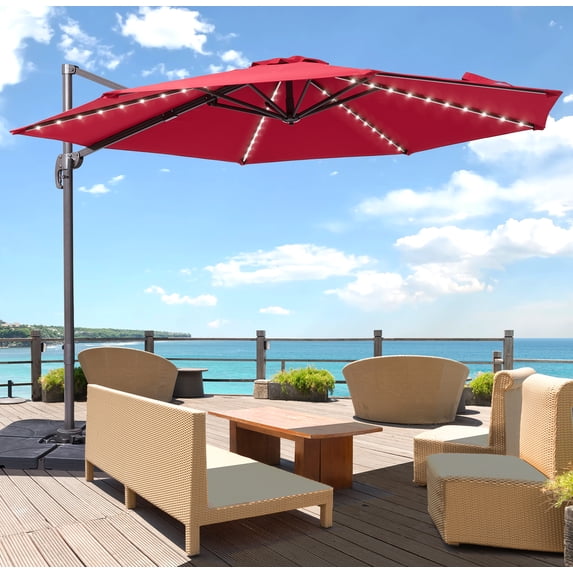 FLAME&SHADE 10ft LED Outdoor Round Patio Cantilever Umbrella for Beach Garden Patio and Lawn,Red
