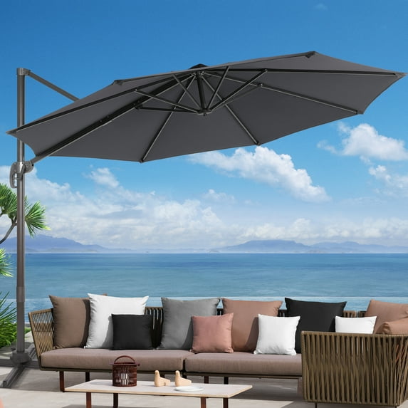 FLAME&SHADE 10ft Outdoor Round Patio Cantilever Market Offset Umbrella for Deck,Balcony and Poolside,Anthracite