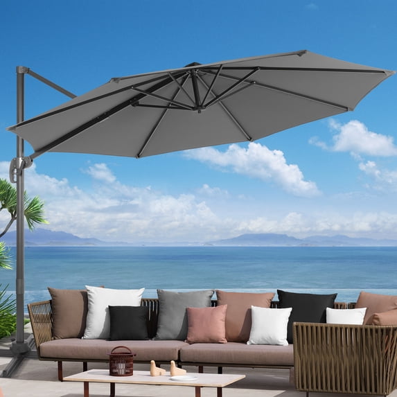 FLAME&SHADE 10ft Outdoor Round Patio Cantilever Market Offset Umbrella for Deck,Balcony and Poolside,Gray