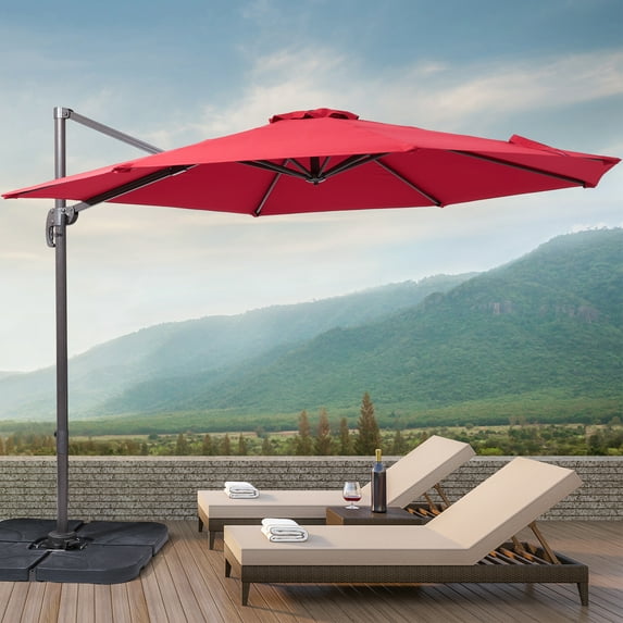 FLAME&SHADE 10ft Outdoor Round Patio Cantilever Market Offset Umbrella for Deck,Balcony and Poolside,Red