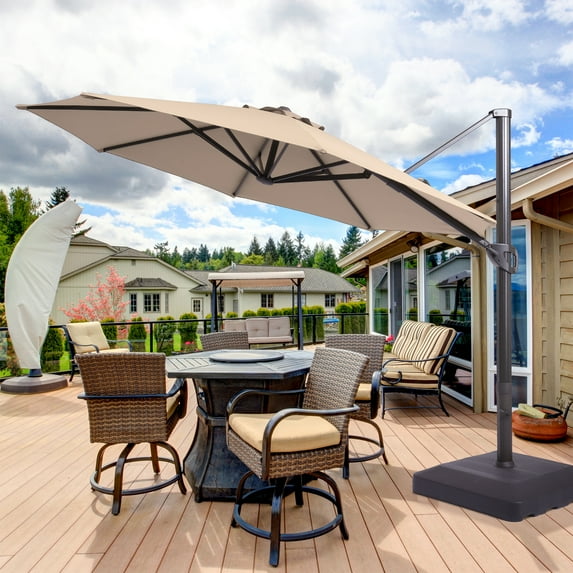 FLAME&SHADE 11 FT Cantilever Patio Umbrella w/Base, Outdoor Aluminum Offset Umbrellas 360° Rotation Hanging Market Umbrellas,Sand