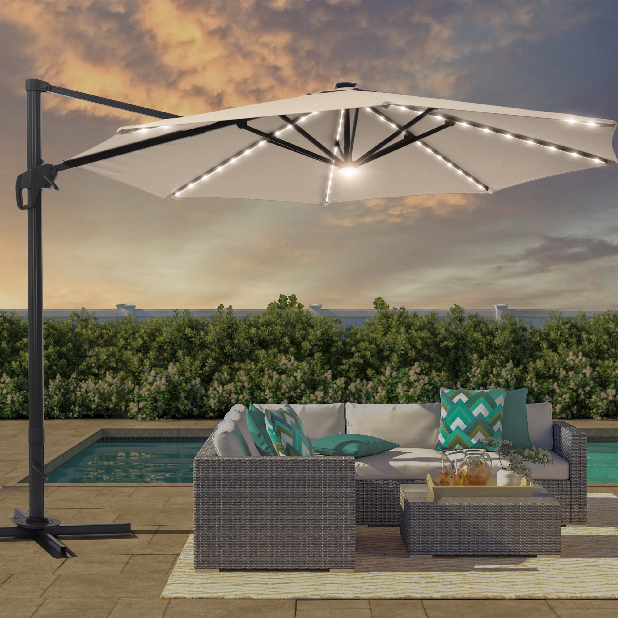 FLAME&SHADE 11 Ft LED Patio Cantilever Umbrella Outdoor Aluminum Offset Hanging Rotation w/Solar Lights,Beige FLAME&SHADE 11 Ft LED Patio Cantilever Umbrella Outdoor Aluminum Offset Hanging Rotation w/Solar Lights,Beige