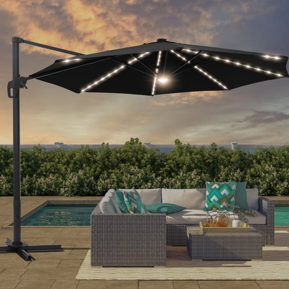 FLAME&SHADE 11 ft LED Patio Cantilever Umbrella Outdoor Aluminum Offset Hanging Rotation with Solar Lights,Black