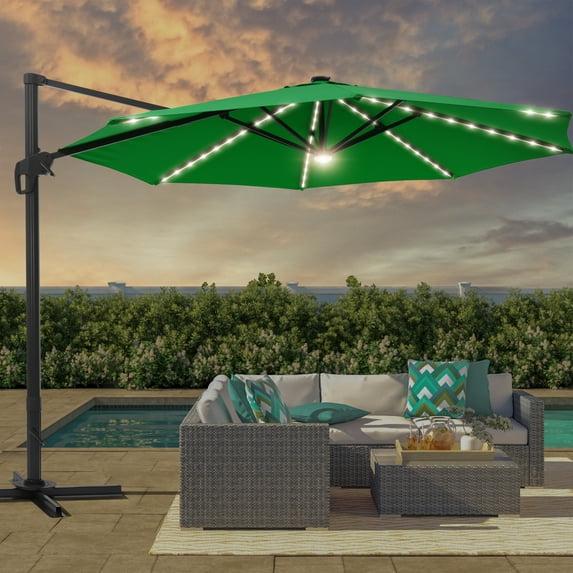 FLAME&SHADE 11 Ft LED Patio Cantilever Umbrella Outdoor Aluminum Offset Hanging Rotation w/Solar Lights,Green