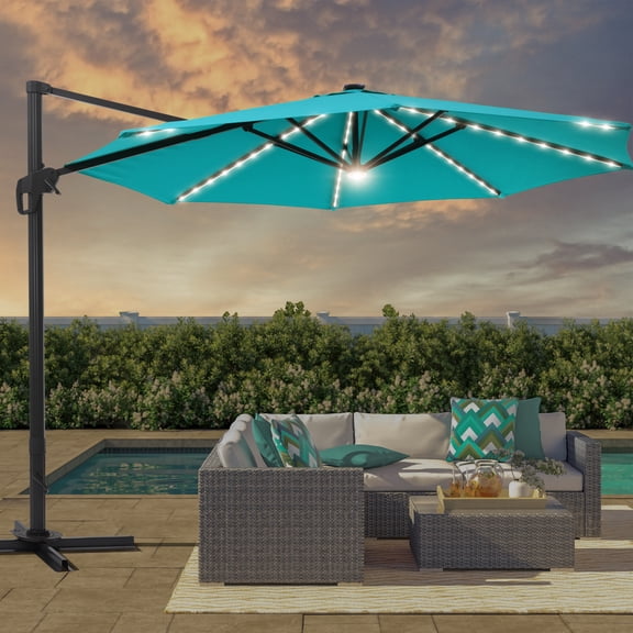 FLAME&SHADE 11 Ft LED Patio Cantilever Umbrella Outdoor Aluminum Offset Hanging Rotation w/Solar Lights,Lake Blue