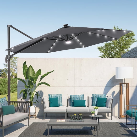 FLAME&SHADE 11FT LED Cantilever Patio Umbrella – Ultimate Outdoor Comfort with 360° Rotation and Canopy Angle Adjustment,Anthracite