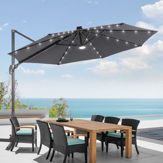 FLAME&SHADE 11FT LED Cantilever Umbrella with Aluminum Frame, and 360° Rotation,Anthracite