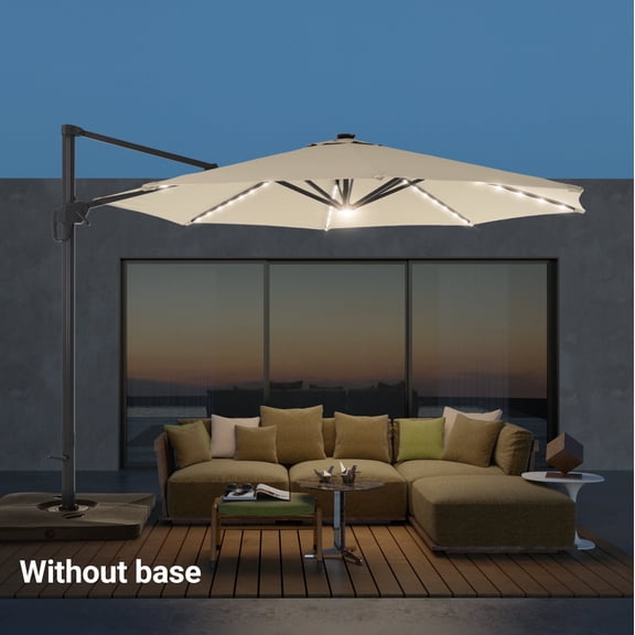 FLAME&SHADE 11FT LED Cantilever Umbrella with Solution-Dyed Fabric, Aluminum Frame, and 360 Rotation, Beige