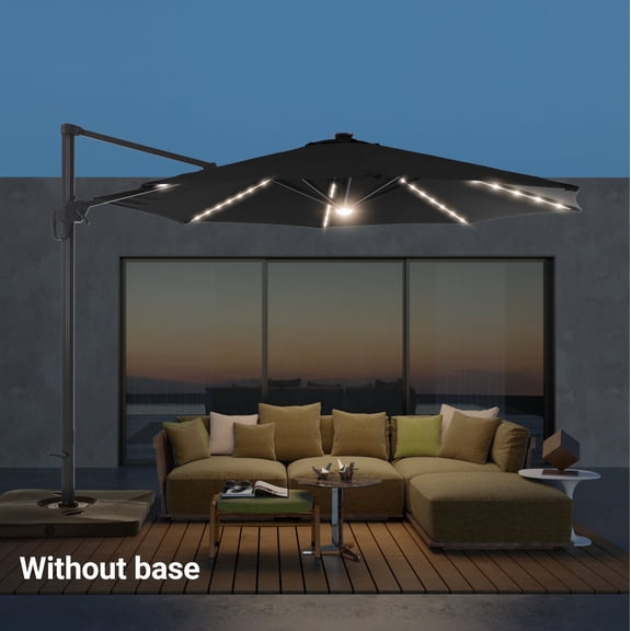 FLAME&SHADE 11FT LED Cantilever Umbrella with Solution-Dyed Fabric, Aluminum Frame, and 360 Rotation, Black