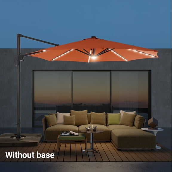 FLAME&SHADE 11FT LED Cantilever Umbrella with Solution-Dyed Fabric, Aluminum Frame, and 360 Rotation, Red