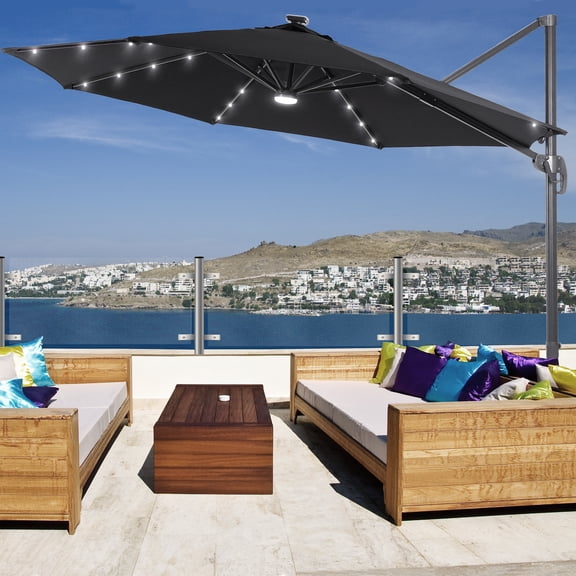 FLAME&SHADE 11FT Round Cantilever LED Umbrella For Your Outdoor Space – 240g Solution-Dyed Fabric, Aluminum Frame, and Innovative 360° Rotation System,Anthracite