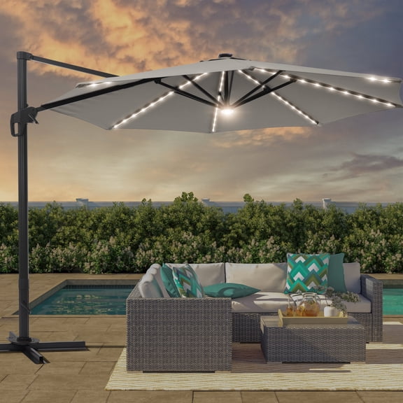 FLAME&SHADE 11FT Round Cantilever LED Umbrella For Your Outdoor Space Solution-Dyed Fabric, Aluminum Frame, and Innovative 360 Rotation System, Gray
