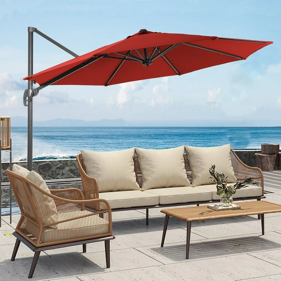 FLAME&SHADE 11FT Round Cantilever Umbrella For Your Outdoor Space – 240g Solution-Dyed Fabric, Aluminum Frame, and Innovative 360° Rotation System,Red