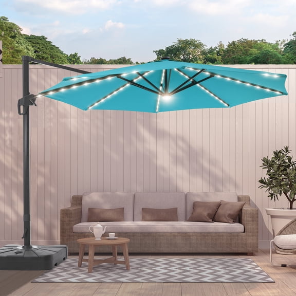 FLAME&SHADE 11ft LED Outdoor Hanging Cantilever Umbrella w/Base,Water Repellent UV Protection for Garden,Yard and Shop Street,Lake Blue