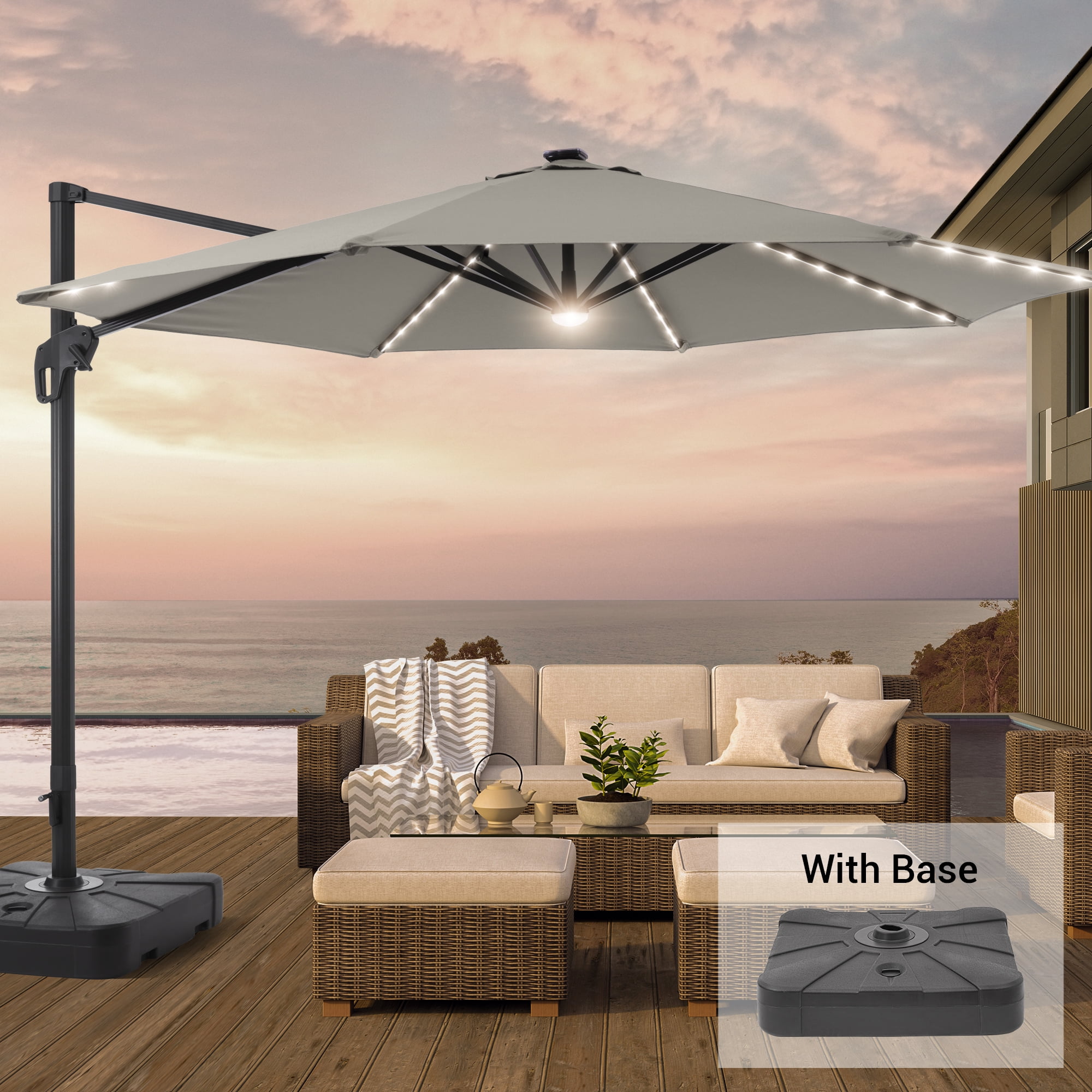 FLAMEu0026SHADE 11ft LED Outdoor Offset Patio Umbrella,Solar Power Round Canopy  Umbrella with Aluminum Frame and Base/Stand for Garden,Poolside and  Market,Gray - Walmart.com