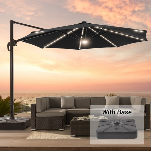 FLAME&SHADE 11ft LED Outdoor Patio Hanging Cantilever Market Umbrella w/Base, Solar Energy Aluminum Frame for Commercial Street,Garden and Beach,Black