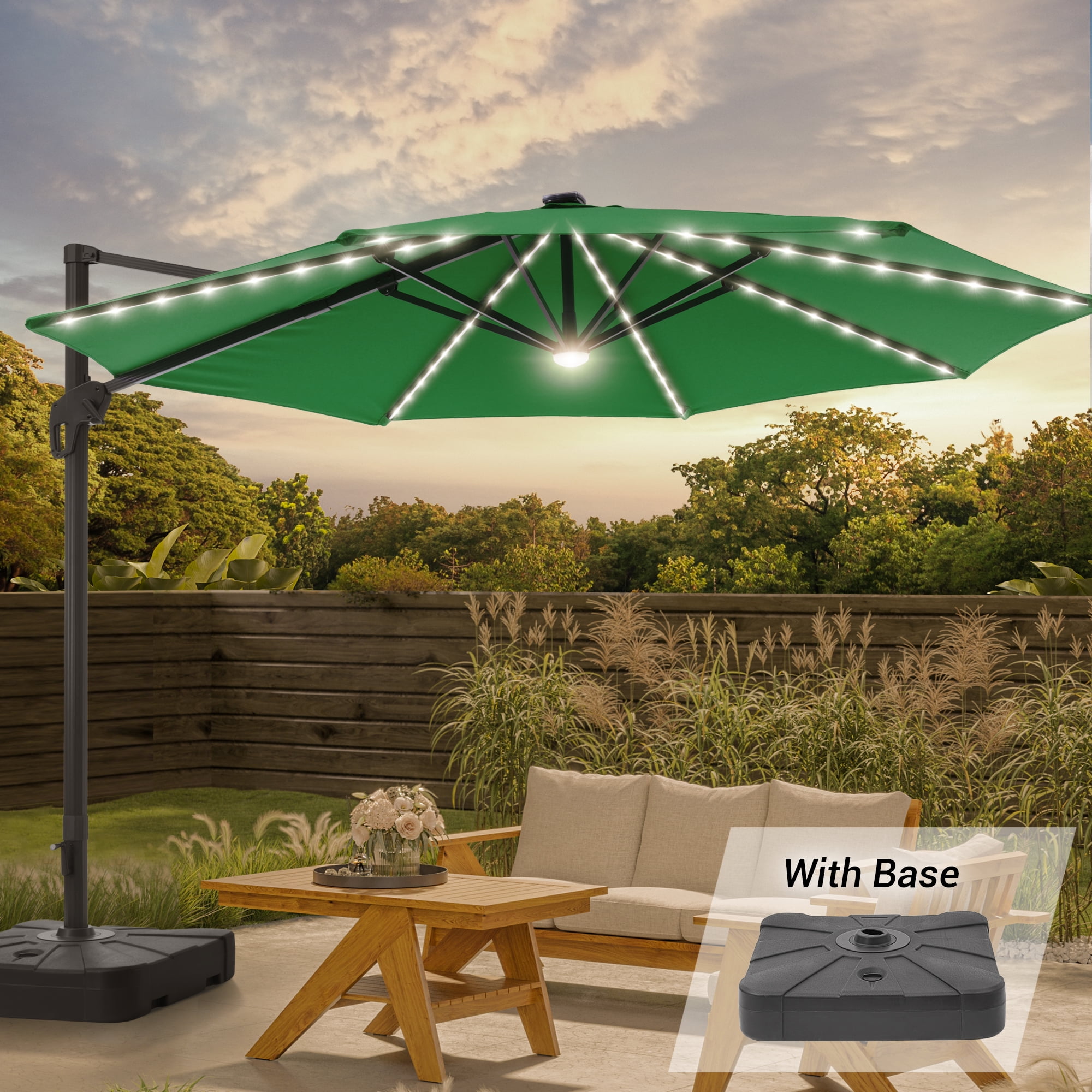 FLAME&SHADE 11ft LED Outdoor Patio Hanging Cantilever Market Umbrella w/Base, Solar Energy Aluminum Frame for Commercial Street,Garden and Beach,Green - Walmart.com FLAME&SHADE 11ft LED Outdoor Patio Hanging Cantilever Market Umbrella w/Base, Solar Energy Aluminum Frame for Commercial Street,Garden and Beach,Green - Walmart.com