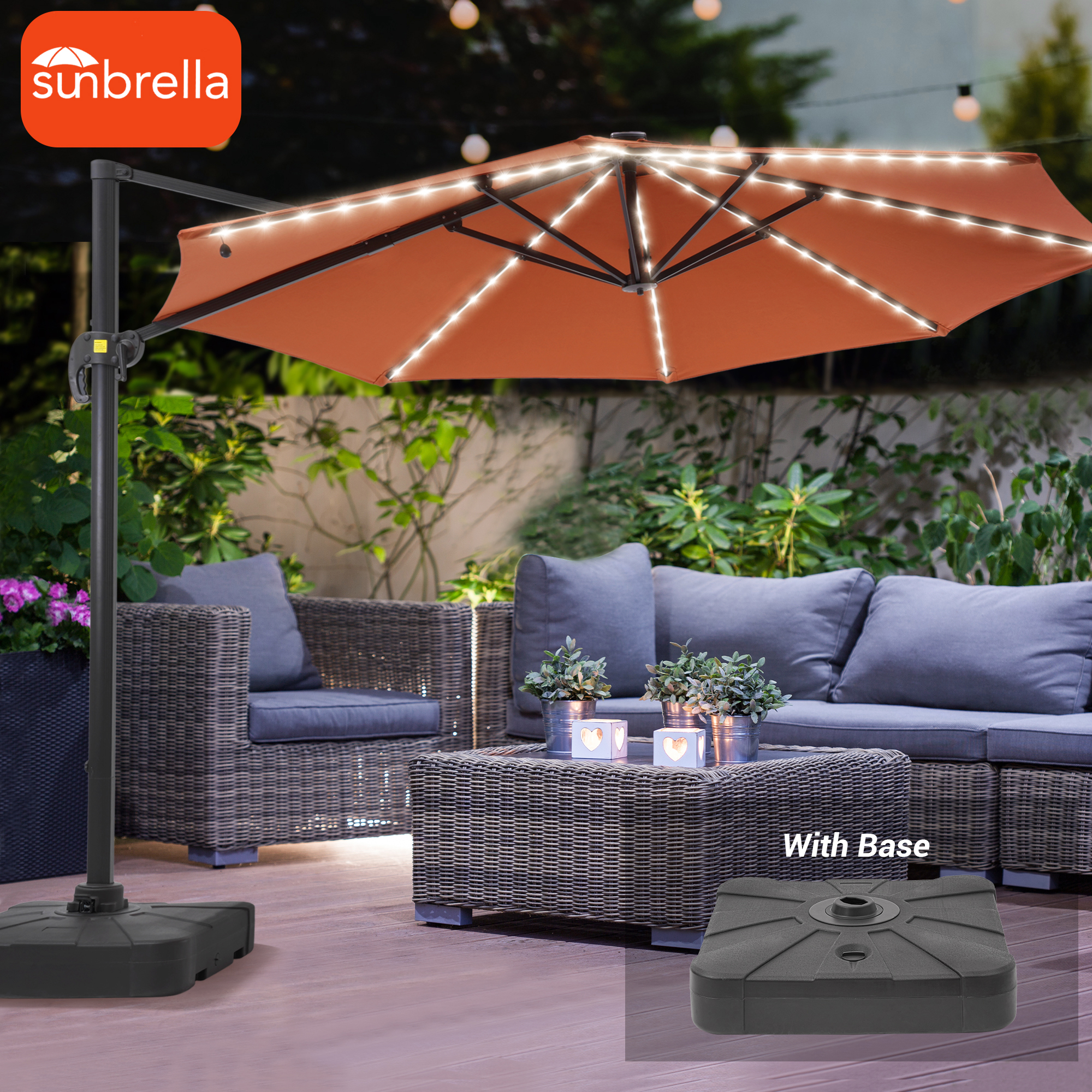 FLAME&SHADE 11ft Outdoor Cantilever LED Market Umbrella with a Base