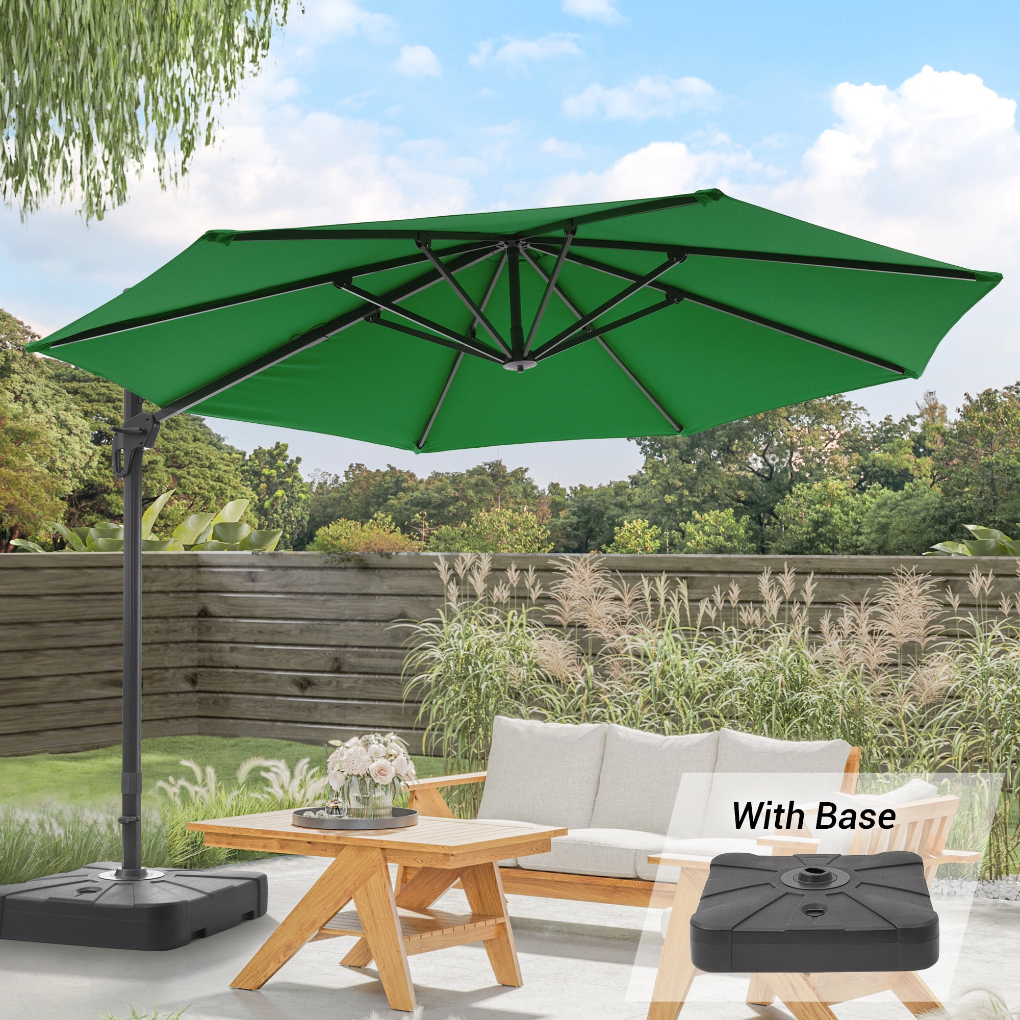 11 ft rectangular patio umbrella green FLAME&SHADE 11ft LED Outdoor Cantilever Market Umbrella w/a Base,Solar  Energy Hanging Patio Umbrella w/ Aluminum Frame for Commercial Street,Yard  and Beach,Gray