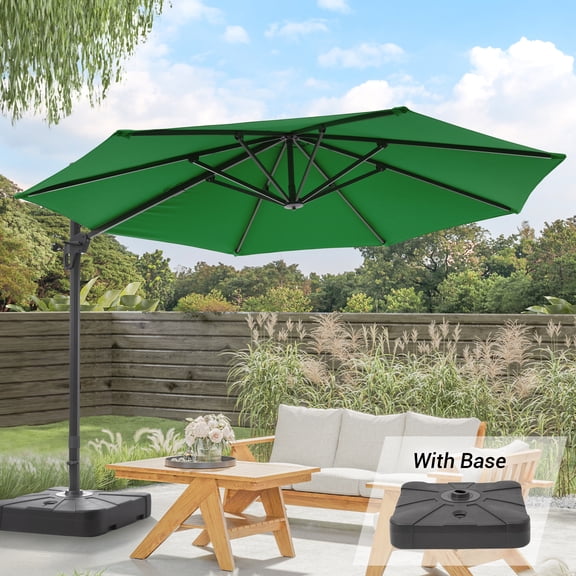 FLAME&SHADE 11ft Outdoor Cantilever Market Umbrella w/a Base,Hanging Patio Umbrella with Crank Lift Function for Commercial Street Yard and Beach,Green
