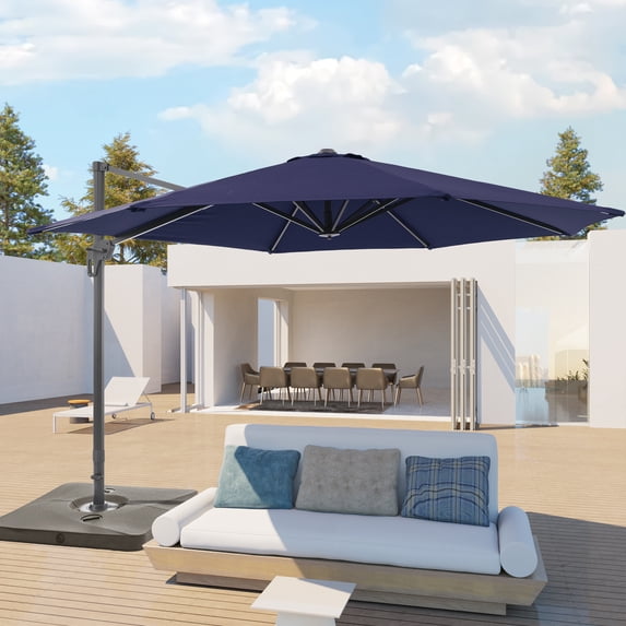 FLAME&SHADE 11ft Outdoor Cantilever Market Umbrella w/a Base,Hanging Patio Umbrella with Crank Lift Function for Commercial Street Yard and Beach,Navy Blue