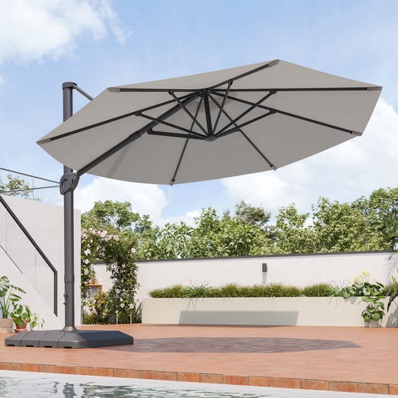 FLAME&SHADE 11ft Outdoor Cantilever Umbrellas 360° Rotation w/Base Stand, Aluminum Patio Round Offset Market Hanging Umbrella for Deck,Gray