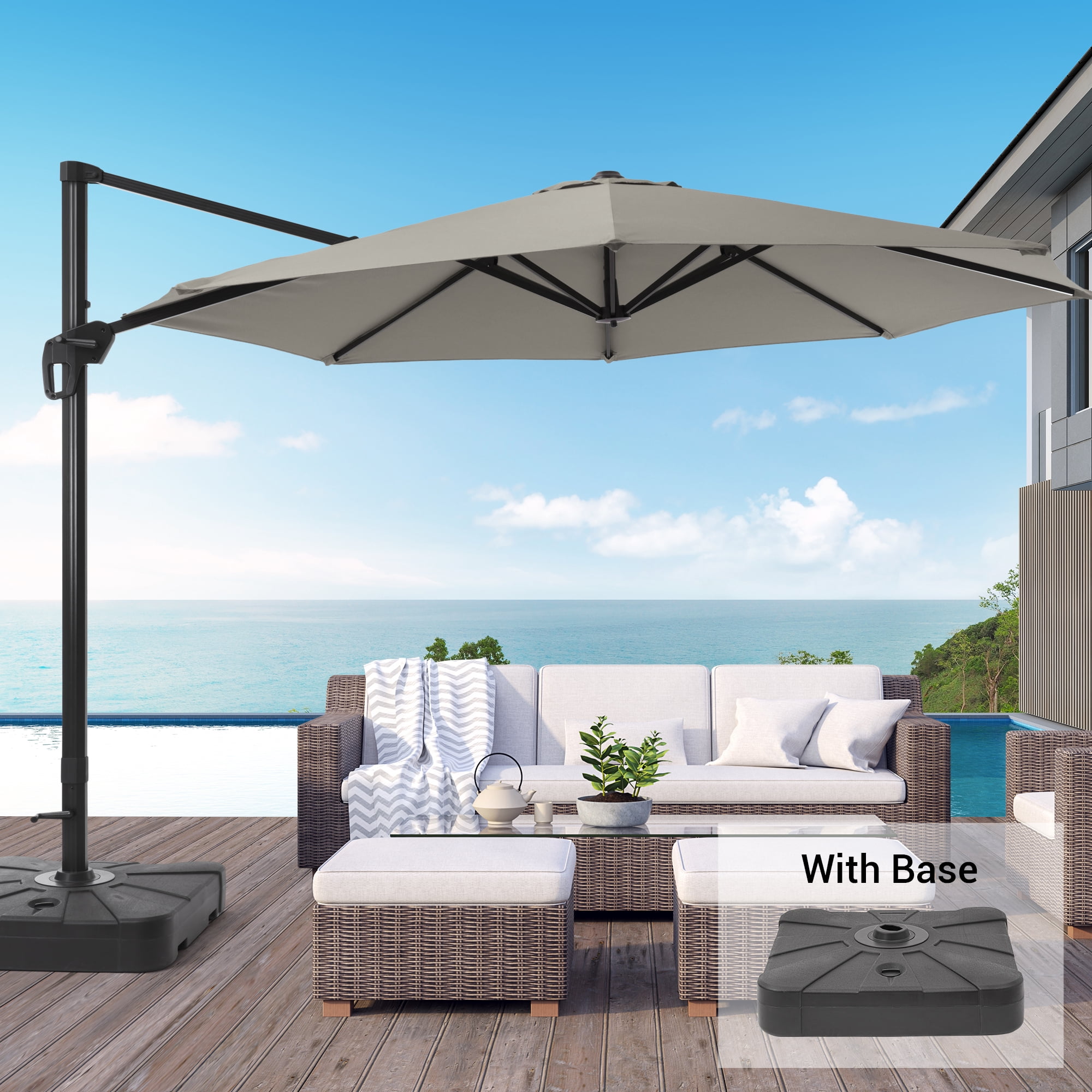 FLAME&SHADE 11ft Outdoor Hanging Patio Cantilever Umbrella with a Base