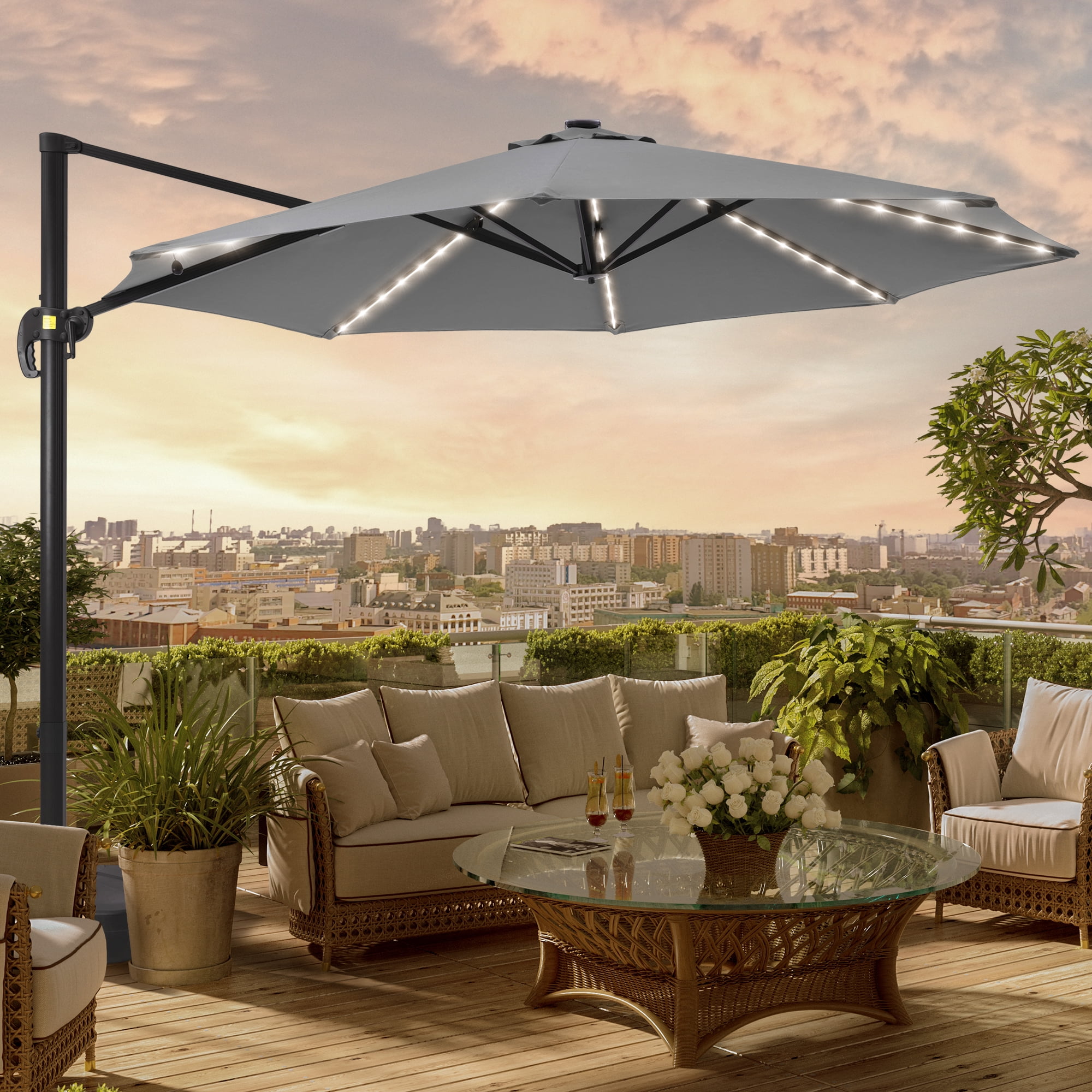 11 round cantilever solar patio umbrella with base Outdoor & LED Umbrellas 11' / Beige The growing popularity of cantilever umbrellas due to their adaptability and distinctive looks make them a perfect choice for anyone who wants a premium shade product with maximum usefulness Seasons Sentry 11' LED Solar