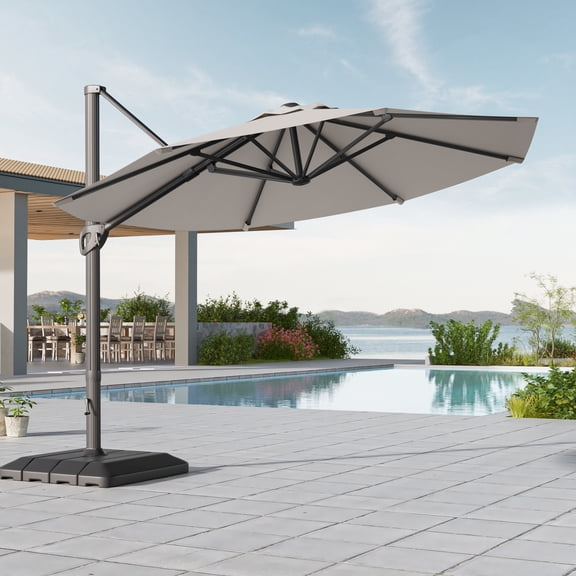 FLAME&SHADE 11ft Patio Offset Outdoor Hanging Umbrella w/Base, 360 Degree Rotating for Backyard, Garden and Deck,Gray