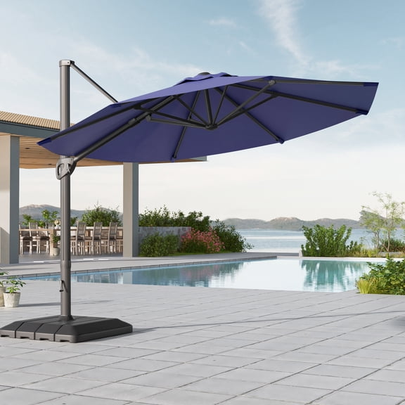 FLAME&SHADE 11ft Patio Offset Outdoor Hanging Umbrella w/Base,360 Degree Rotating for Backyard, Garden and Deck,Navy Blue