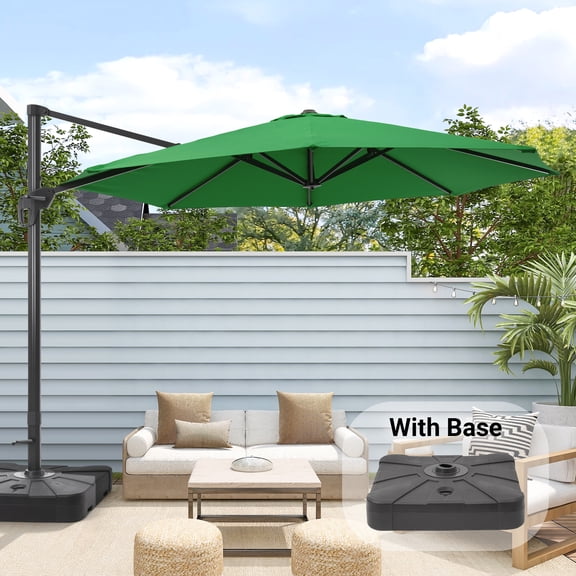 FLAME&SHADE 11ft Round Outdoor Patio Offset Hanging Cantilever Umbrella w/ Base for Garden,Deck and Poolside,Green