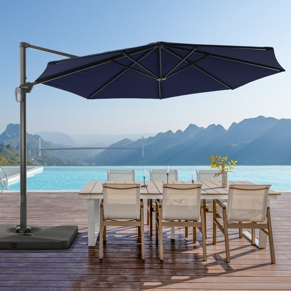 FLAME&SHADE 11ft Round Outdoor Patio Offset Hanging Cantilever Umbrella with Base for Garden,Deck and Poolside,Navy Blue