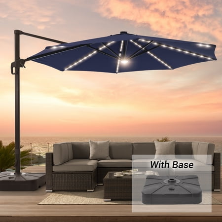 FLAME&SHADE11ft LED Outdoor Patio Hanging Cantilever Market Umbrella w/Base, Solar Energy Aluminum Frame for Commercial Street,Garden and Beach,Navy Blue