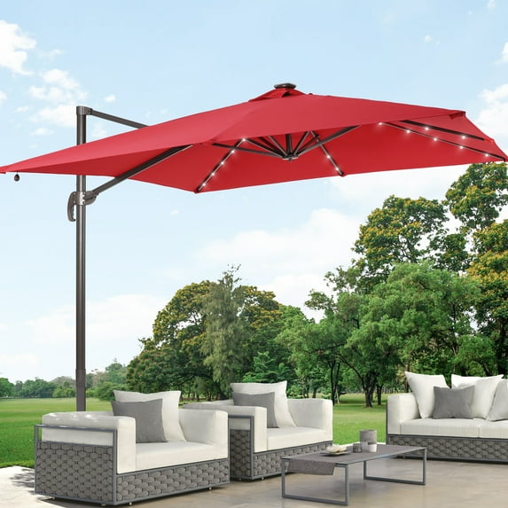 FLAME&SHADE 9×9FT LED Cantilever Umbrella with Aluminum Frame, and 360° Rotation,Red
