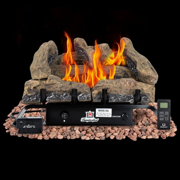 FLAMEPLACEFRONT 18" Ventless LP/Propane Fireplace Logs Set with Remote, 30,000 BTU, Fast Heating up to 1,000 Sq. Ft., Realistic Berkeley Oak Brown