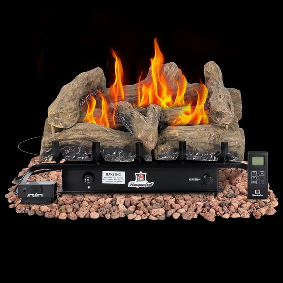 FLAMEPLACEFRONT 24" Ventless Natural Gas Fireplace Logs Set with Remote, 32,000 BTU, Fast Heating up to 1,150 Sq. Ft., Realistic Berkeley Oak Brown