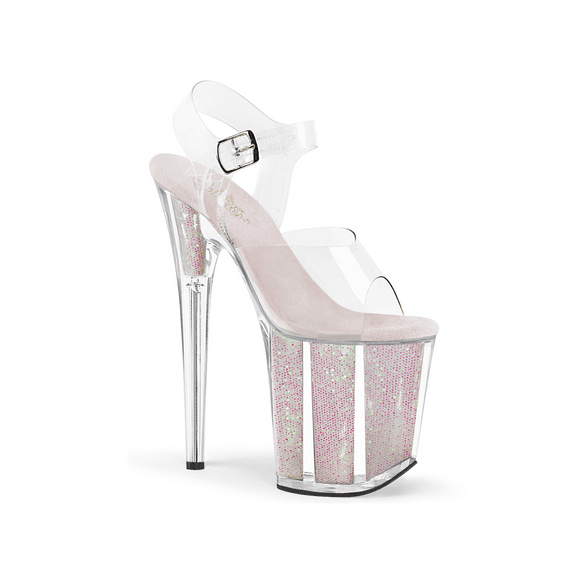 FLAMINGO-808G, 8" Heel 4" Platform Ankle Strap Sandal With Glitter Insert