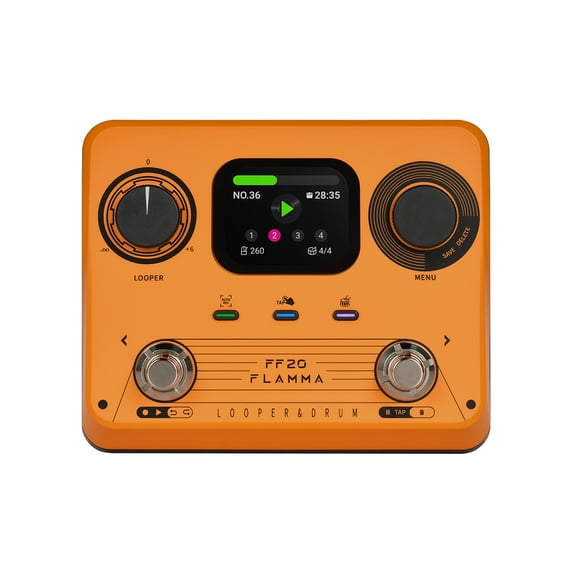 FLAMMA FF20 Looper Pedal Drum Machine, Drum Looper Guitar Pedal with Screen, 300 Min Recording, 220 Drum Grooves, 100 Loop Slots, Time Stretch, Auto Record, USB & Headphone Out, for Guitar and Bass