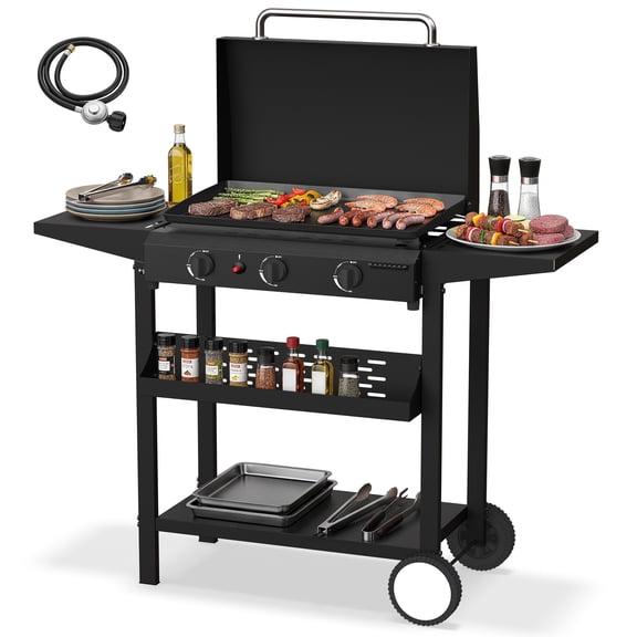 FLARO 3-Burner Propane Griddle 45000 BTU Flat Top Grill with Shelves & Cover, Black