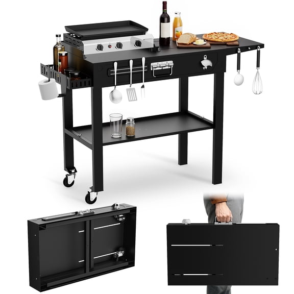FLARO Portable Folding Grill Cart, Adjustable Griddle Stand 14.4-30in, Heavy Duty Bbq Prep Table with Wheels, Black