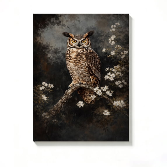 FLASHLUMI 16x24 Inch Great Horned Owl on Blossom Branch Art Print Canvas Wall Art, Moody Wildlife Nature Decor for Living Room Bedroom, No Frame