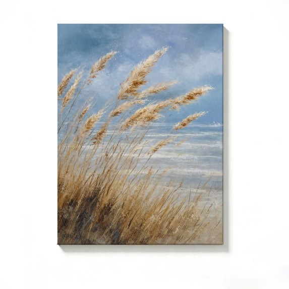 FLASHLUMI 16x24 Inch Coastal Pampas Grass Seascape Canvas Wall Art, Serene Beach Nature Decor for Living Room Bedroom, No Frame
