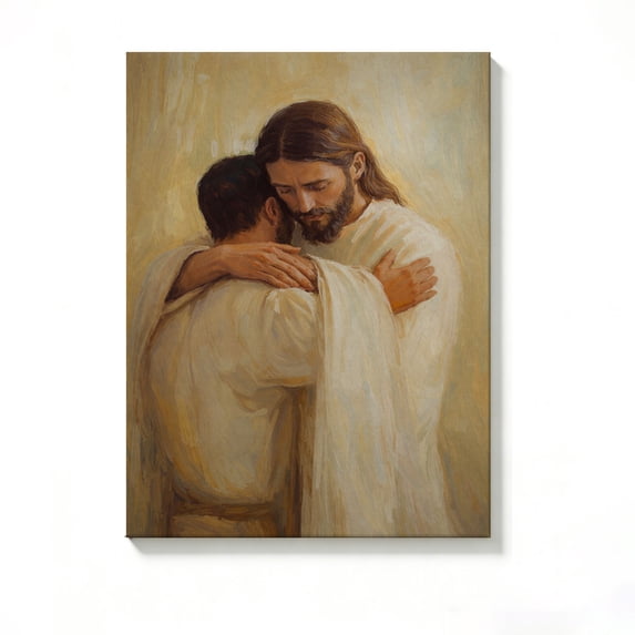 FLASHLUMI 20x30 Inch Jesus Hugging Man Religious Oil Painting Canvas Wall Art, Christian Faith Decor for Living Room Bedroom, No Frame