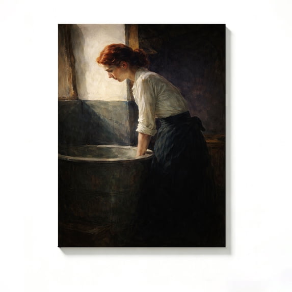 FLASHLUMI 28x42 Inch Vintage Red-Haired Woman by Wash Tub Oil Painting Canvas Wall Art, Rustic Figurative Decor for Living Room Bedroom, No Frame