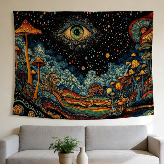 FLASHLUMI 40"×30" Psychedelic Mushroom Wall Tapestry, All-Seeing Eye Starry Sky Trippy Nature Wall Hanging for Bedroom Living Room Dorm Decor