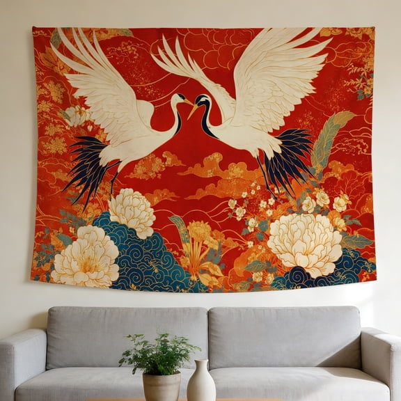 FLASHLUMI 40"×30" Tapestry, Red Chinese Style Crane Peony Tapestry, Decorative Wall Hanging for Bedroom Living Room Office Home Decor